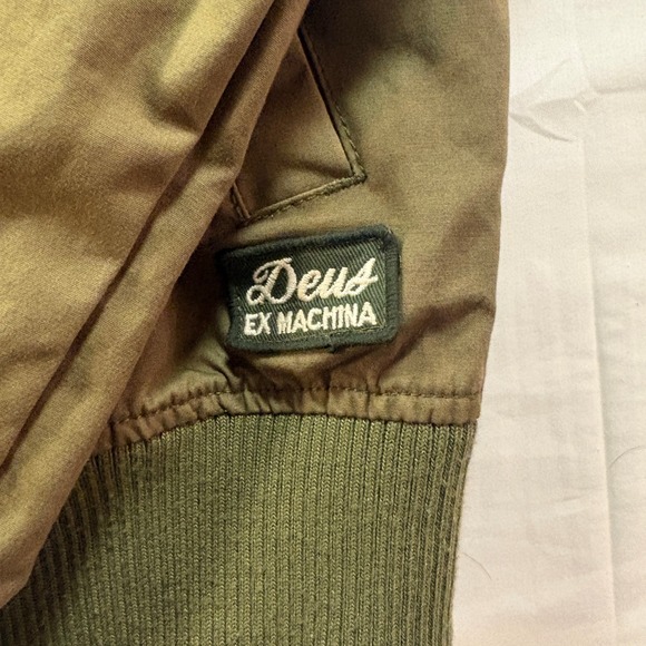 Deus Ex Machina Mens Olive Green Canvas Bomber Jacket Orange Lining Size M - Picture 2 of 7